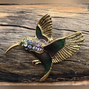 🐦 SFJ Hummingbird Brooch with Enamel & Multicolor Pavé Crystals Gold Tone EUC